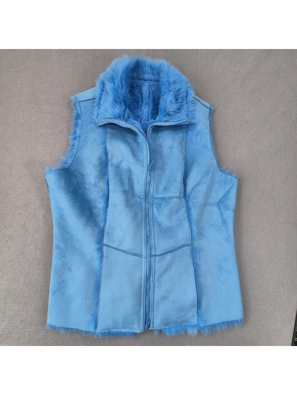 Roper Women's Large Faux Suede And Fur Blue Vest Double End Zip Pockets